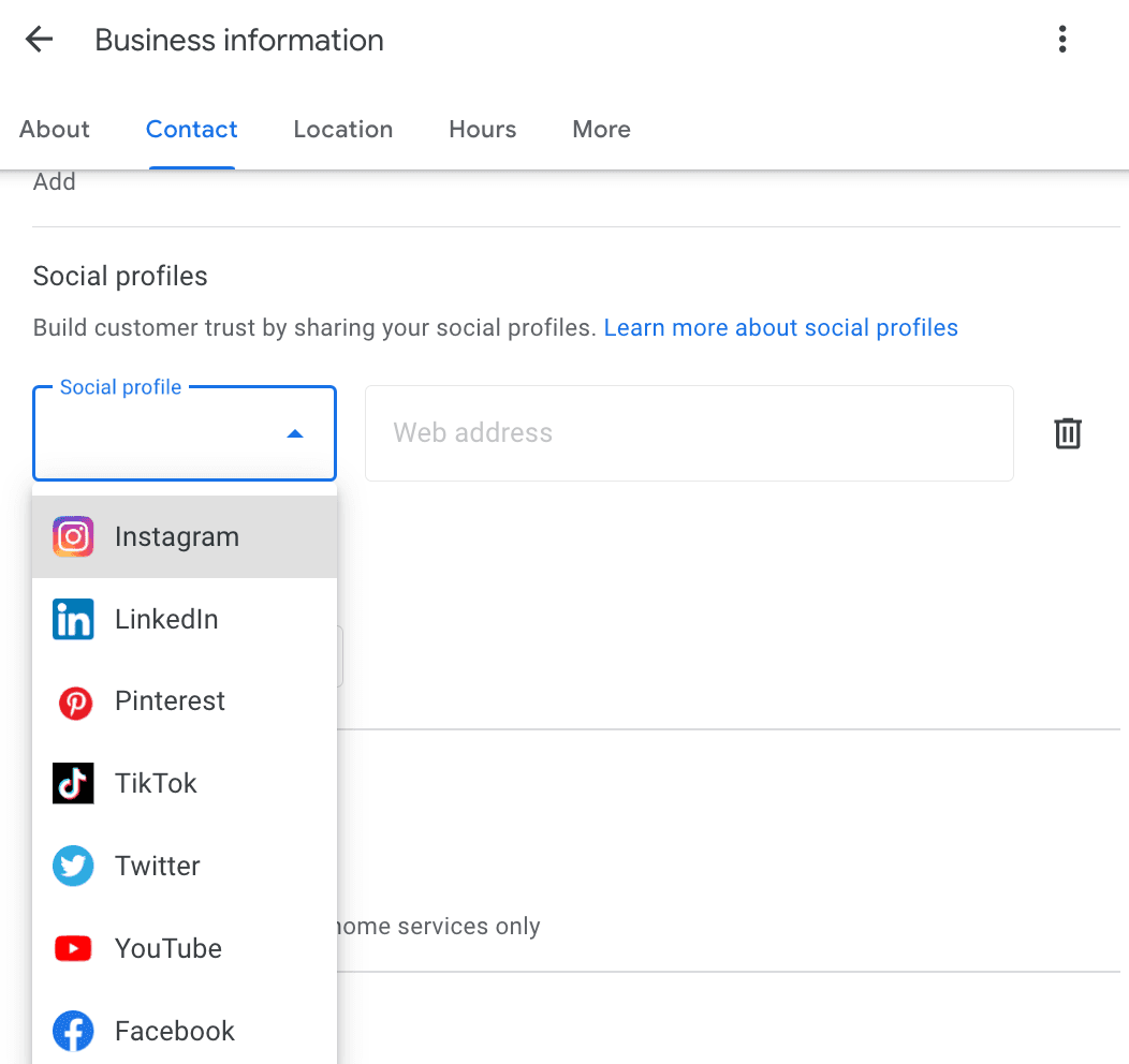 Menú de Perfiles sociales del Perfil de Empresa en Google con Instagram seleccionado