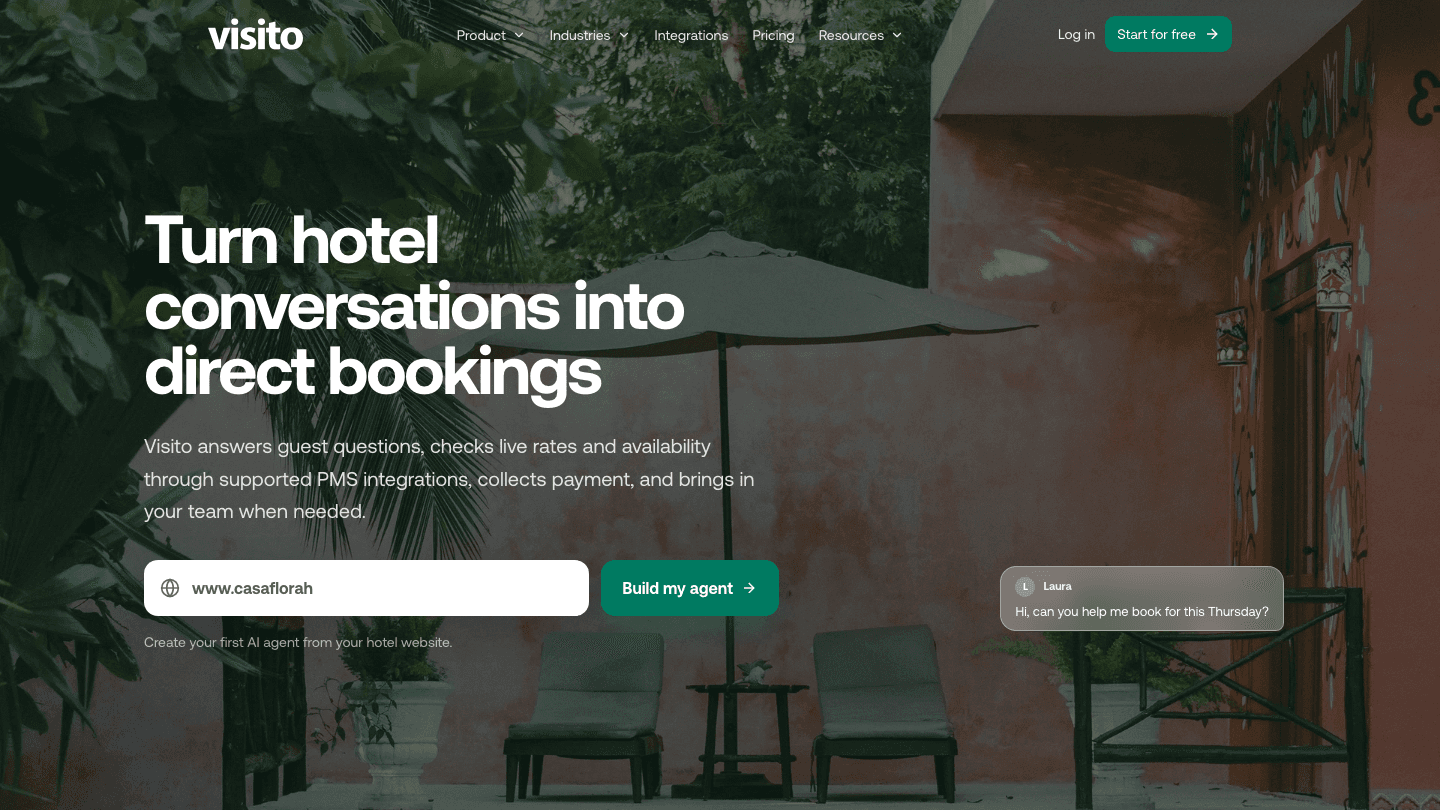 Visito hotel page showing its direct-booking AI agent