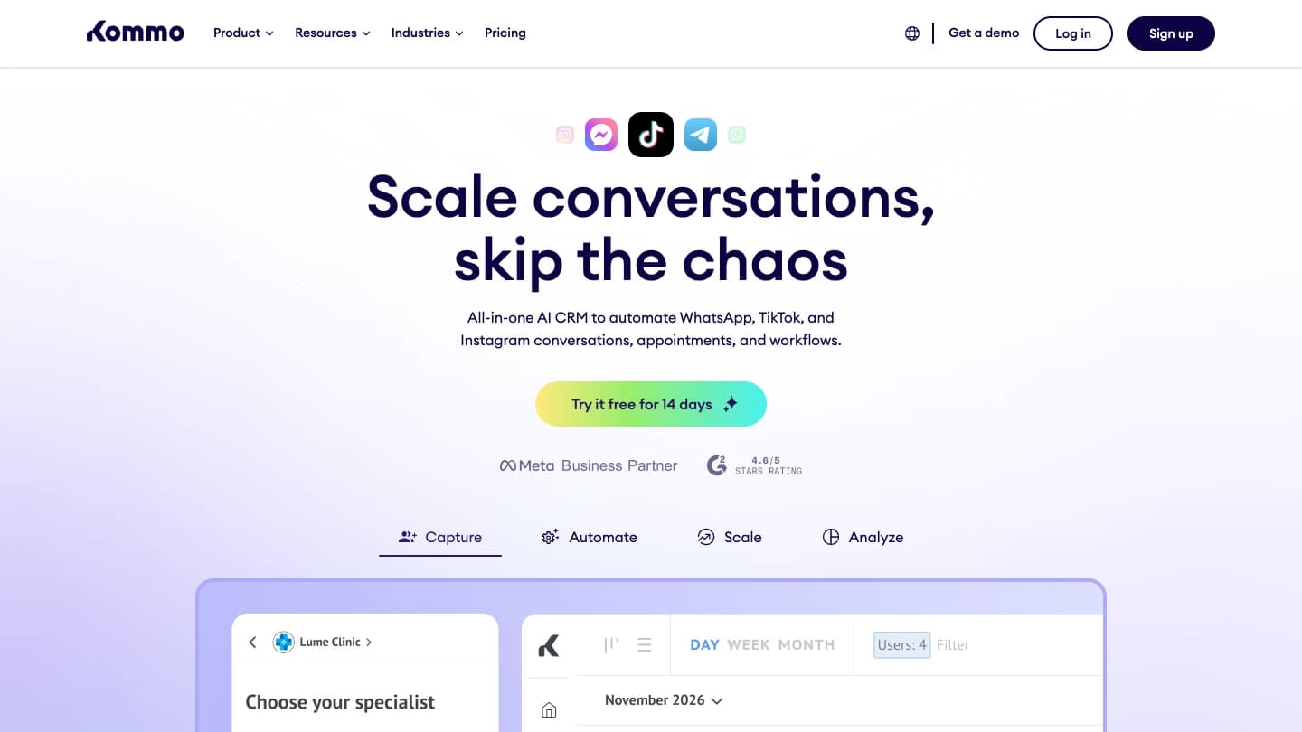 Homepage of Kommo