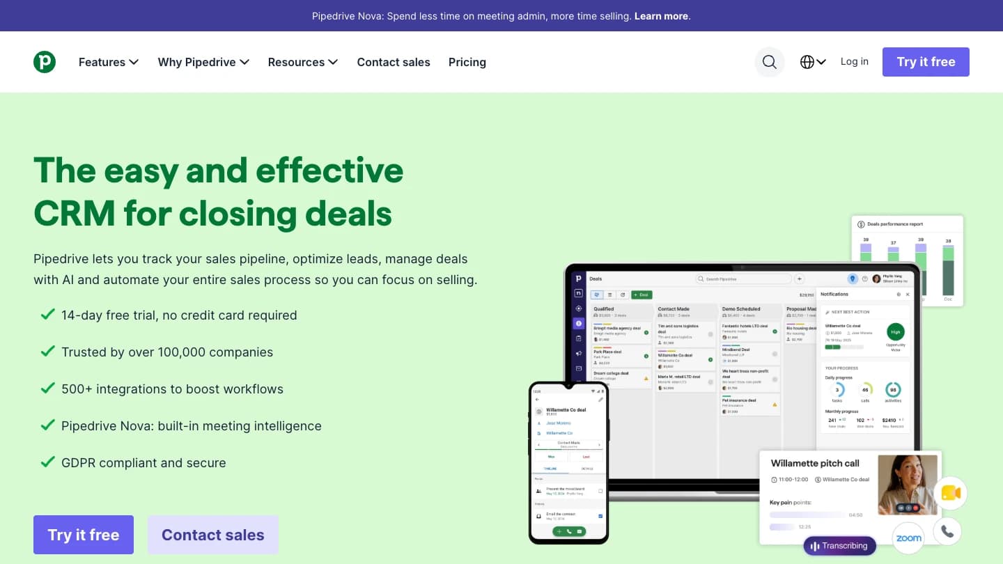 Homepage of Pipedrive