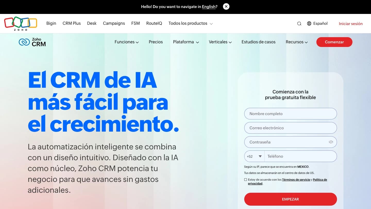 Homepage of Zoho CRM