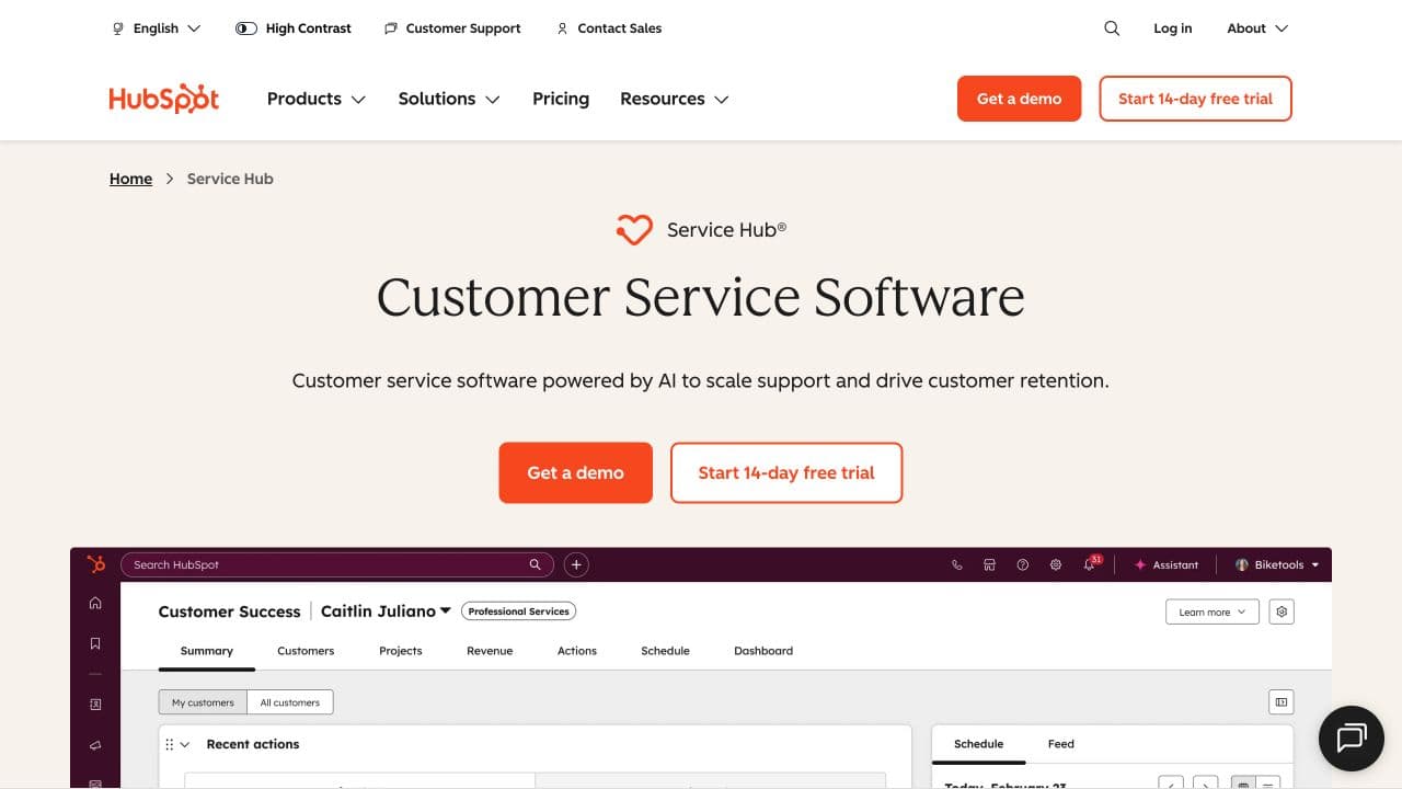 HubSpot Service Hub product website, September 2026