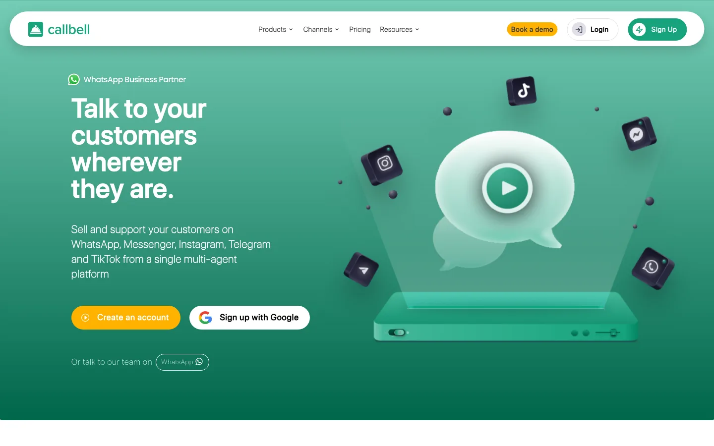 Callbell homepage showing its messaging product