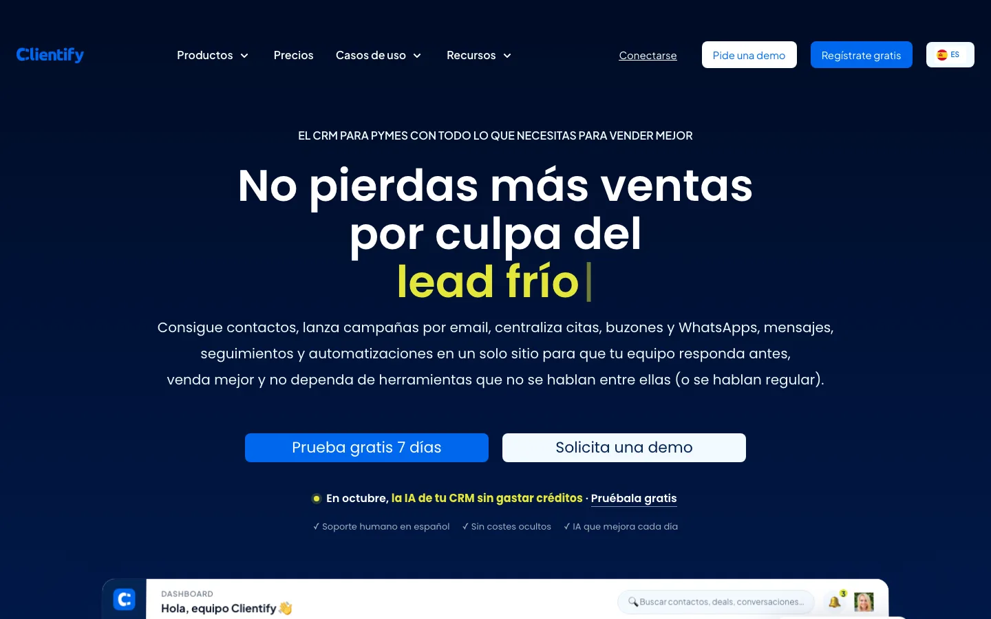 Clientify homepage showing its messaging product