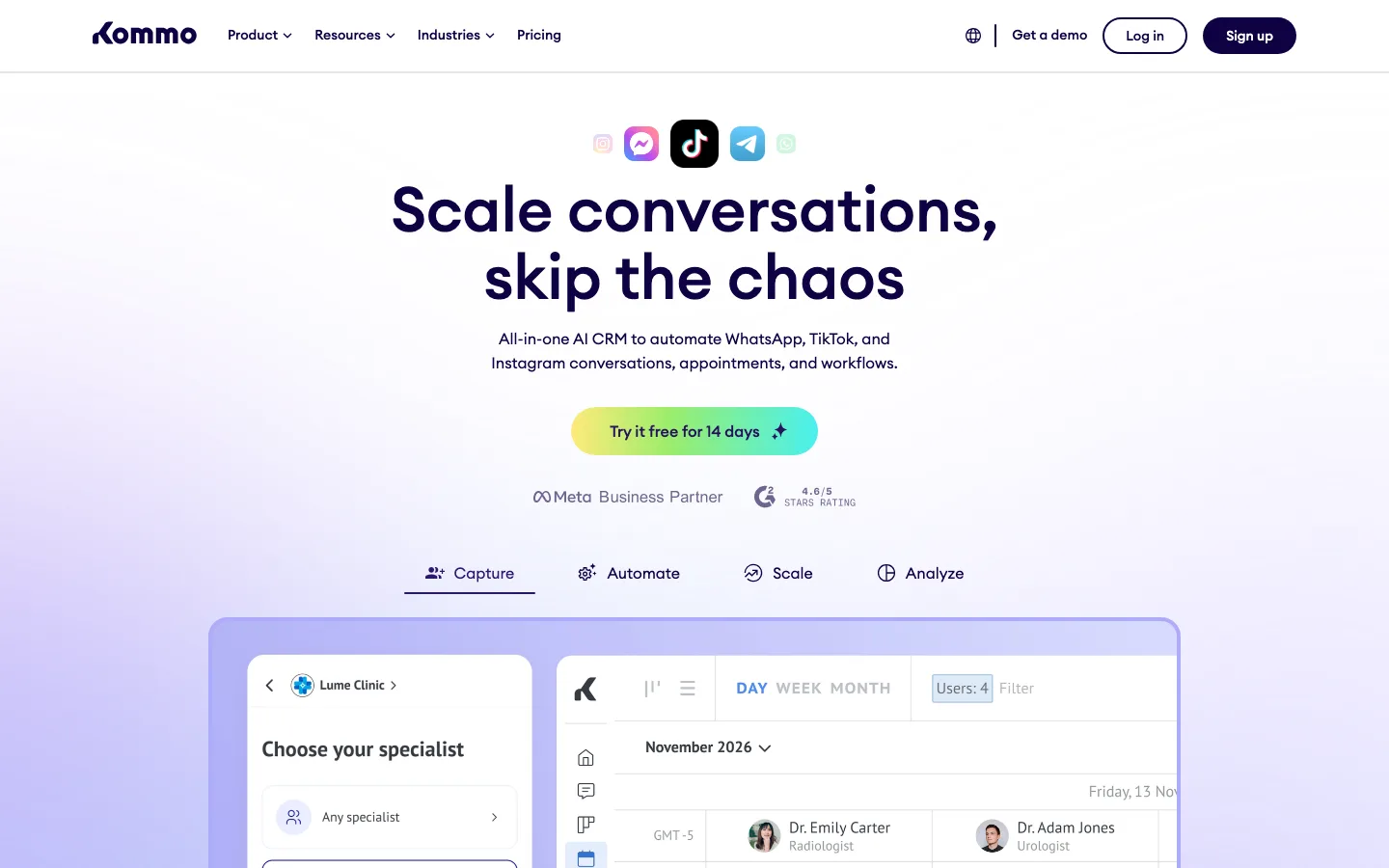 Kommo homepage showing its messaging product
