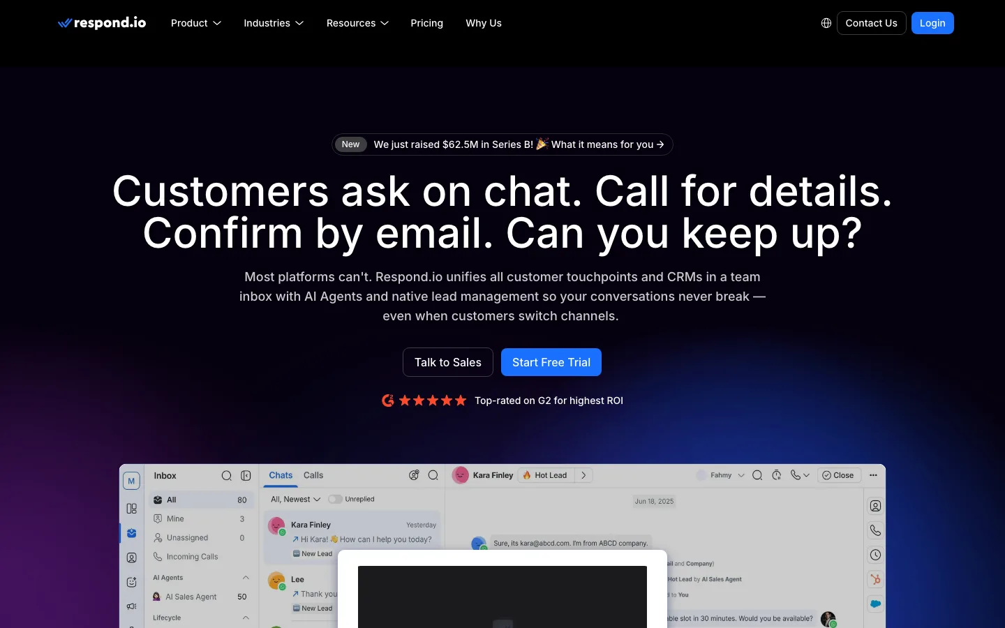 respond.io homepage showing its messaging product