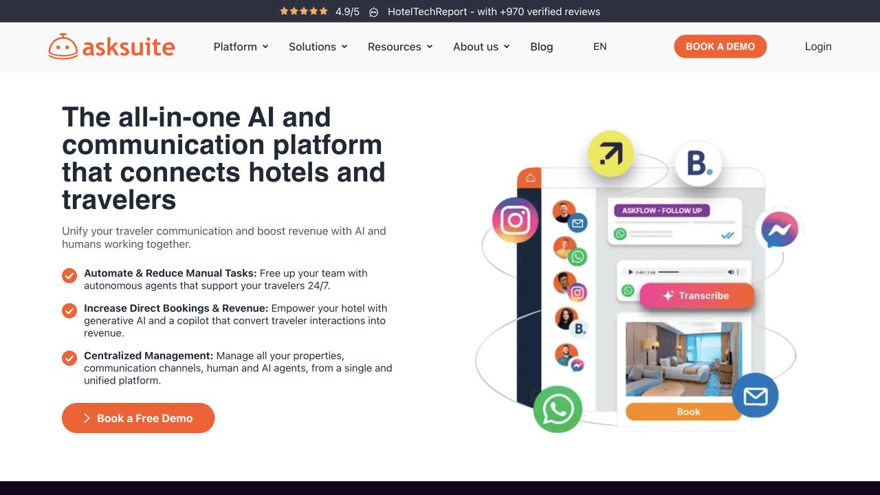 Página principal de la plataforma de comunicación con IA Asksuite