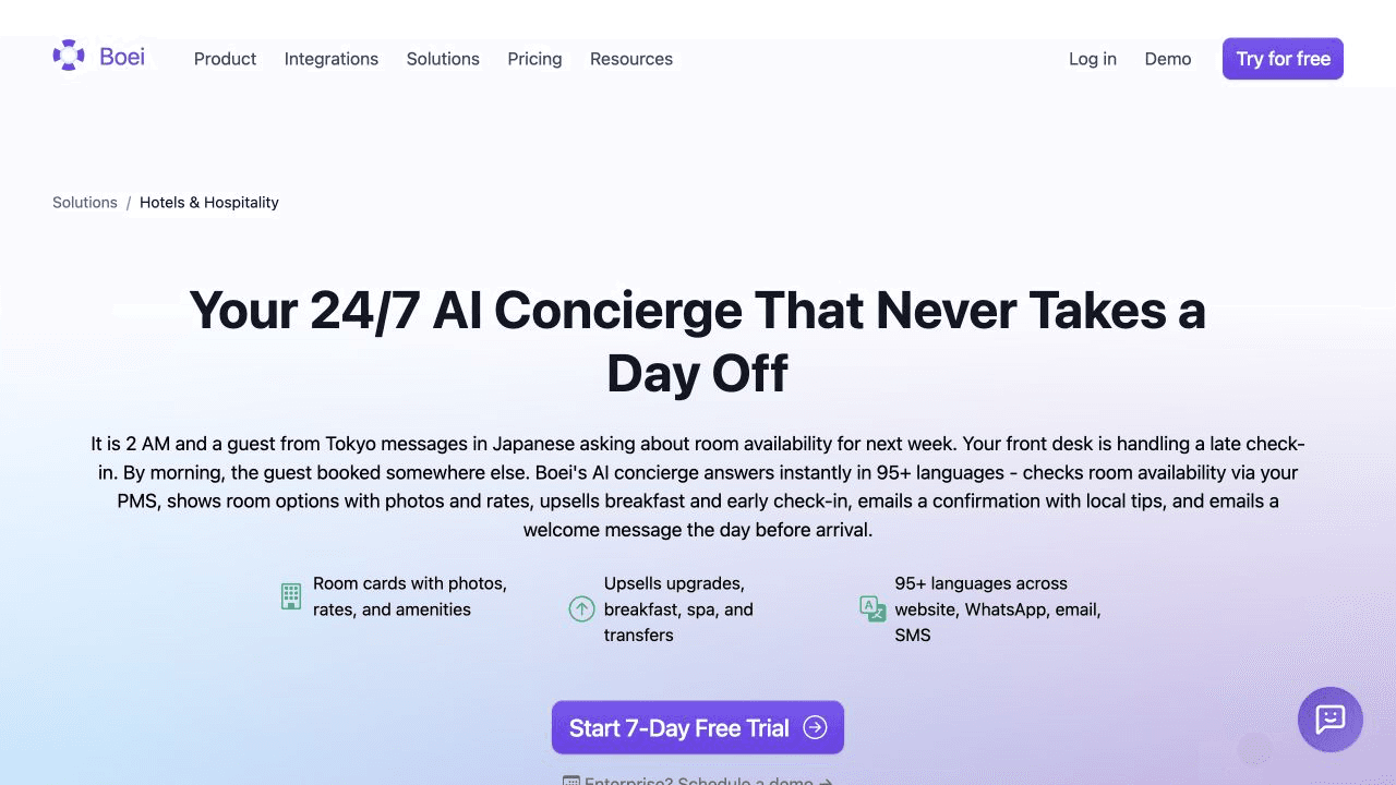 Boei AI concierge for hotels homepage