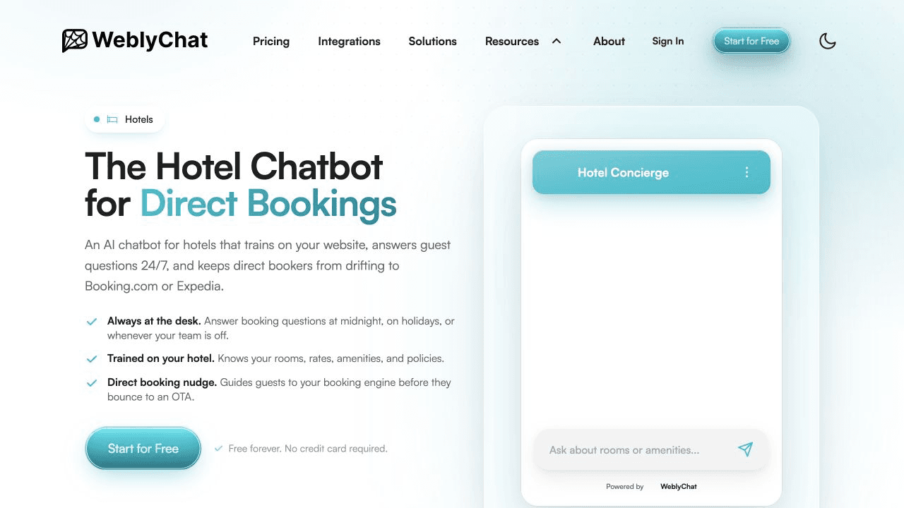 WeblyChat hotel chatbot for direct bookings