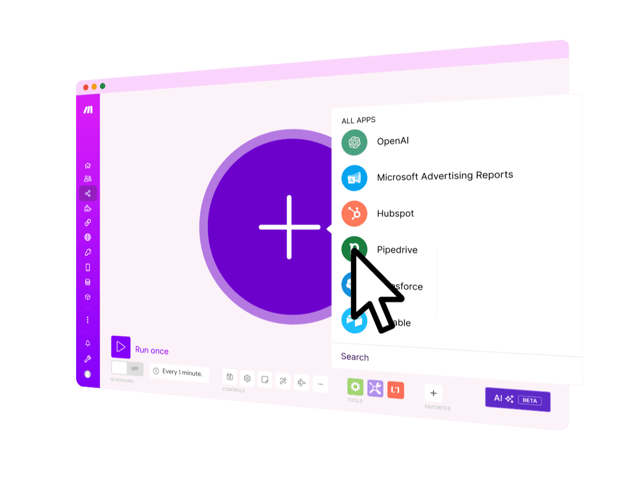 Make visual automation builder showing connected application modules