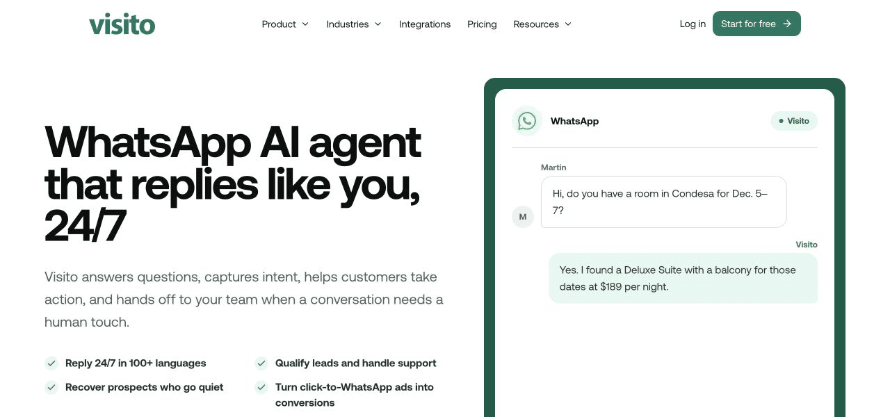 Página del agente de IA para WhatsApp de Visito con una conversación gestionada