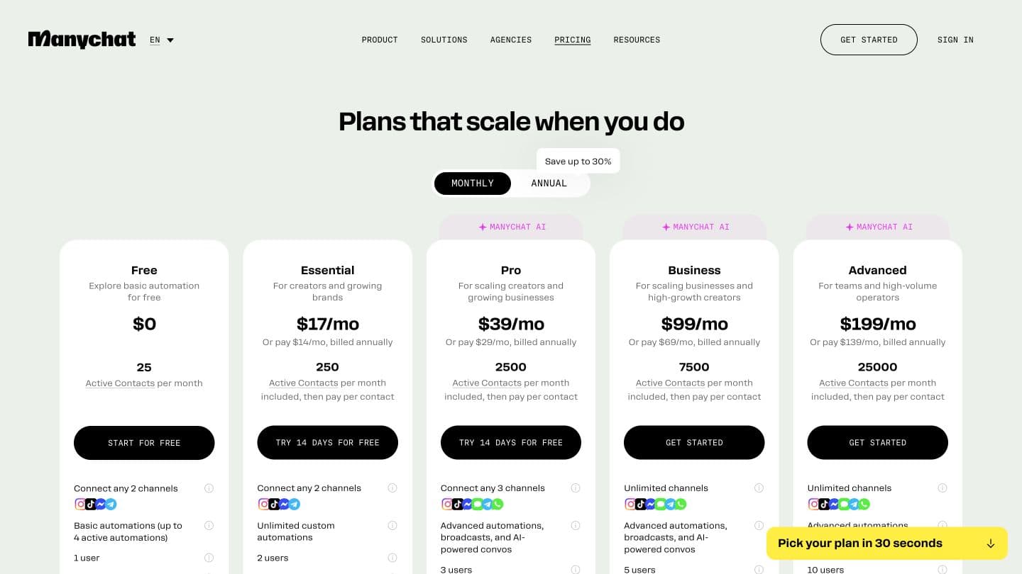 Manychat pricing page
