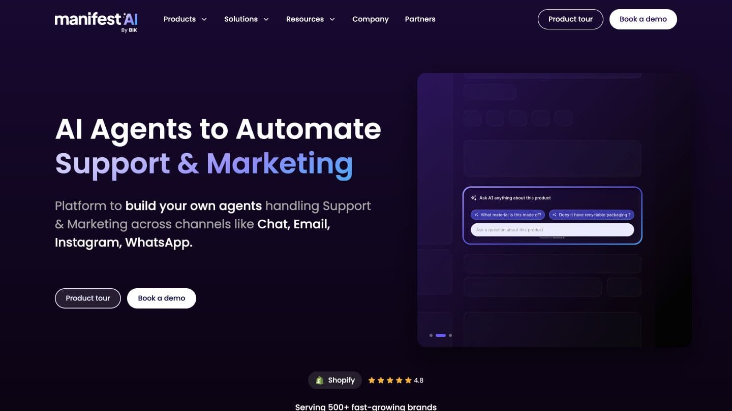 Manifest AI website showing its support and marketing agents