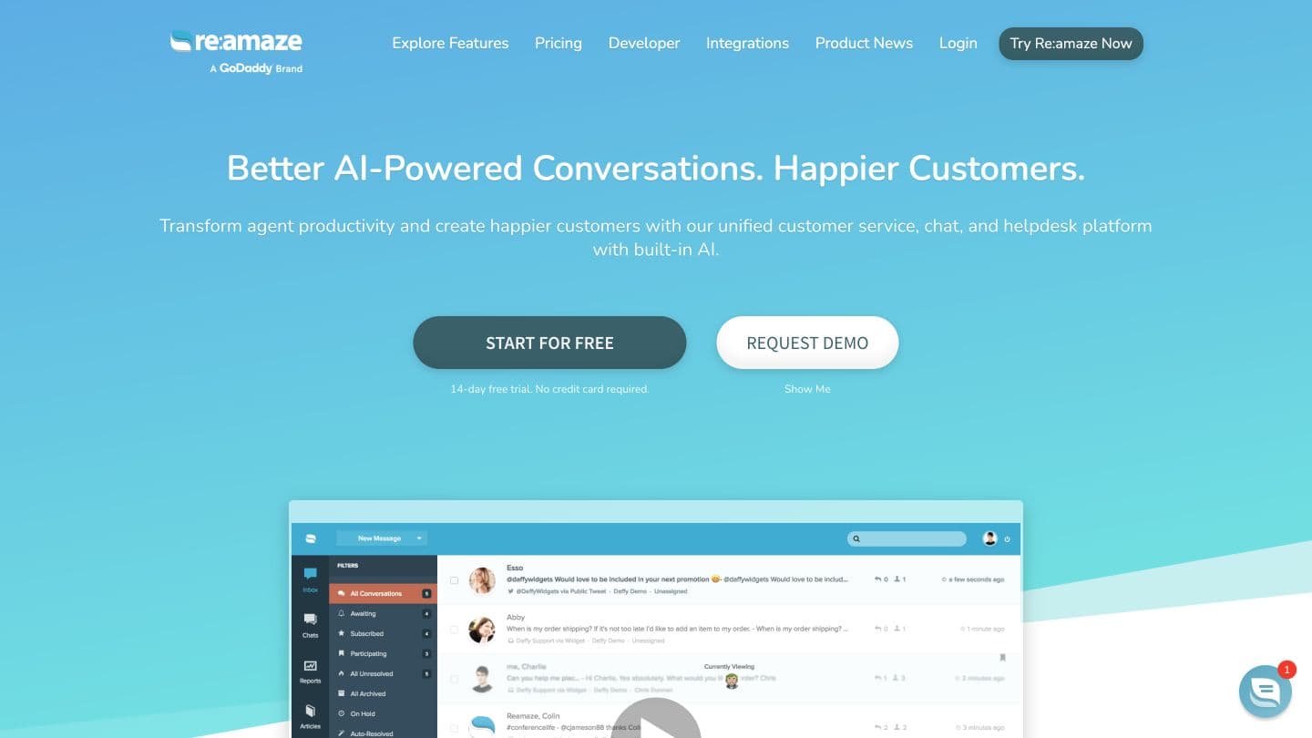 Re:amaze website showing its AI-powered customer service platform