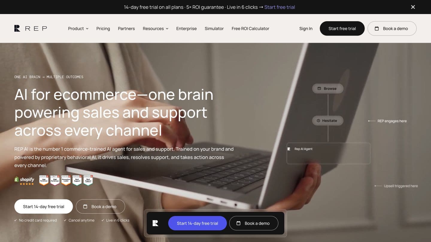 Rep AI website showing its ecommerce sales and support agent