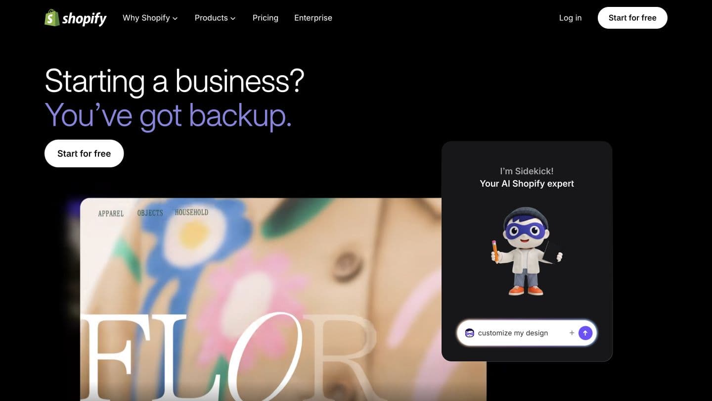 Página de Shopify Sidekick con su asistente de IA integrado para comerciantes