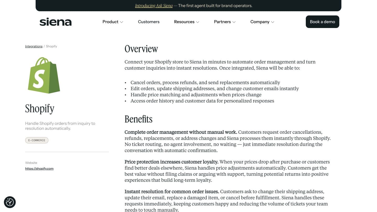 Siena page showing its Shopify integration
