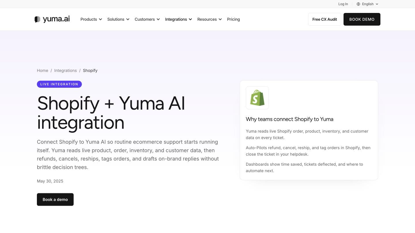 Página de Yuma AI con su integración para Shopify