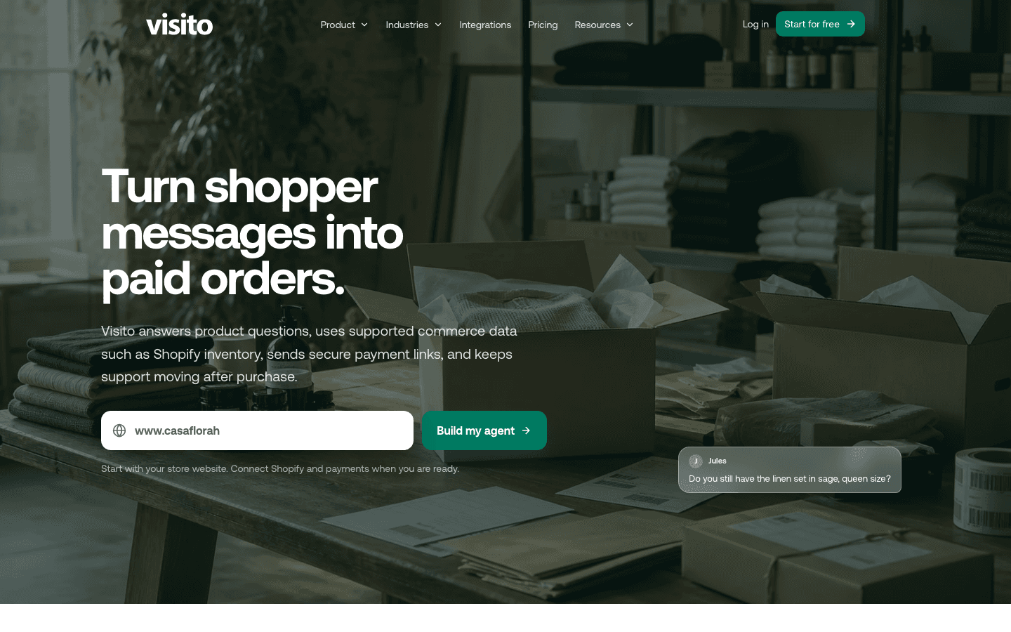 Página de ecommerce de Visito con un flujo de inventario de Shopify y pago para mensajes de compradores