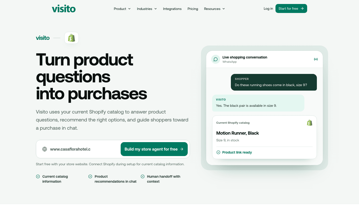 Página de la integración de Visito con Shopify con una pregunta por WhatsApp, una consulta de inventario y un link al producto