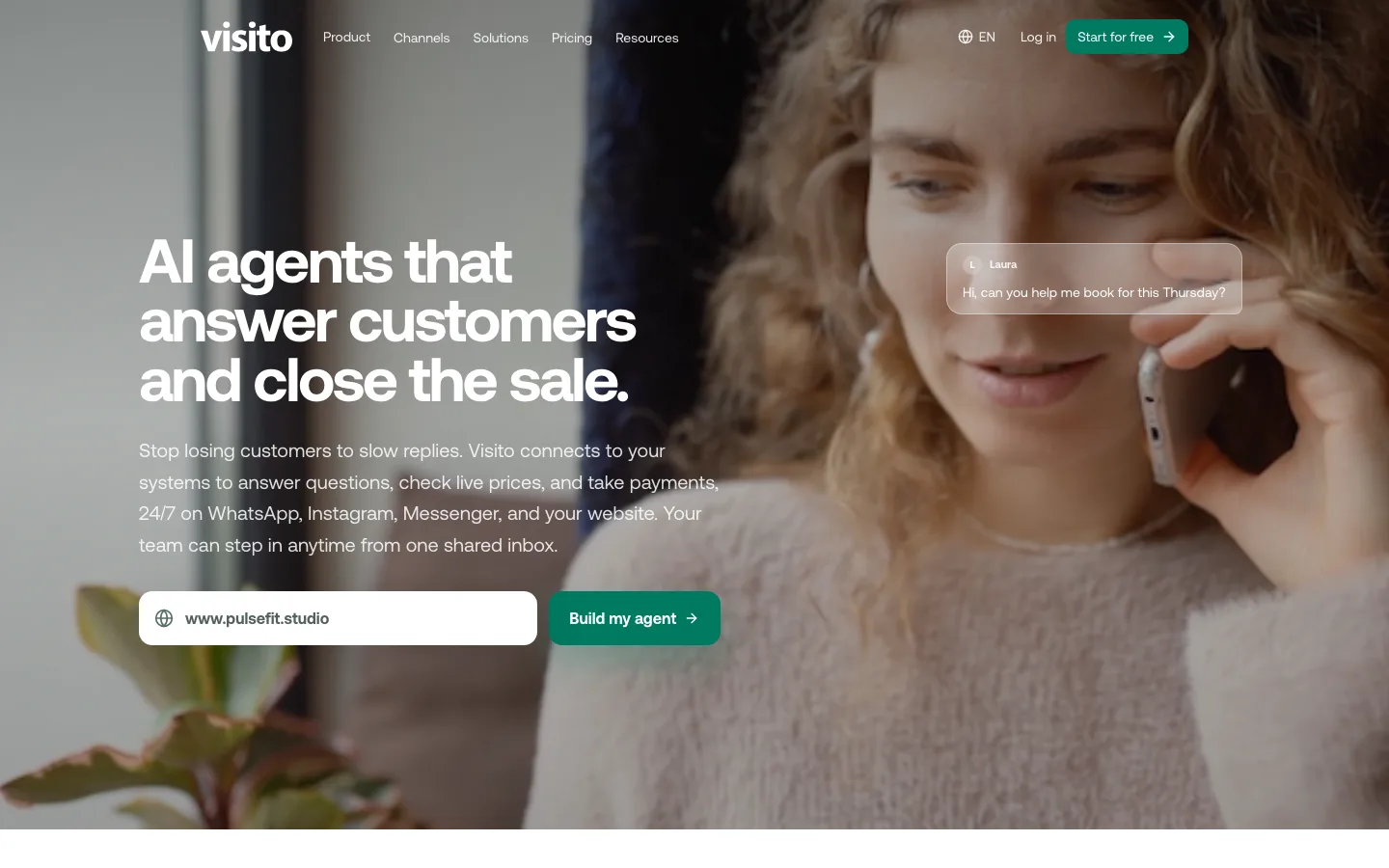 Página de inicio de Visito con su agente de IA para WhatsApp, Instagram y chat web