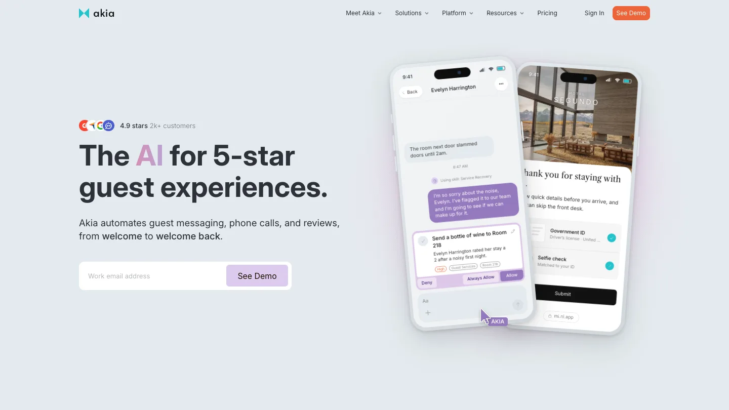 Akia homepage showing its AI for hotel guest experiences