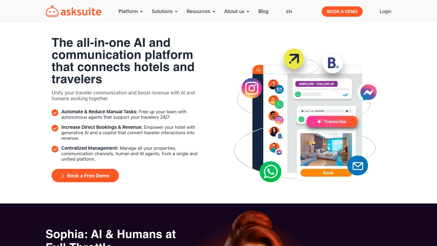 Asksuite homepage showing its hotel communication platform