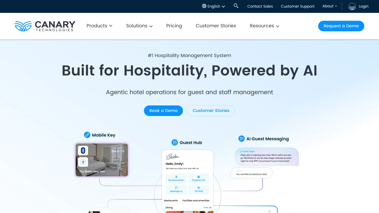 Canary Technologies homepage showing its hospitality management platform