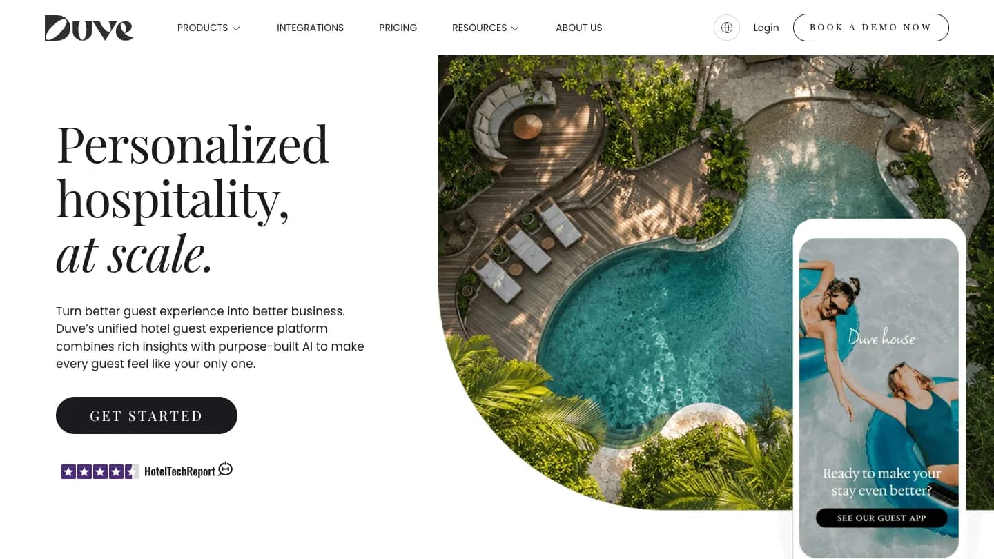 Duve homepage presenting its digital hotel guest experience platform