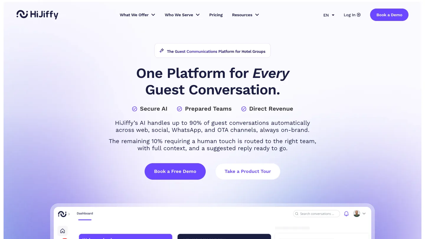 HiJiffy homepage showing its hotel guest communication dashboard