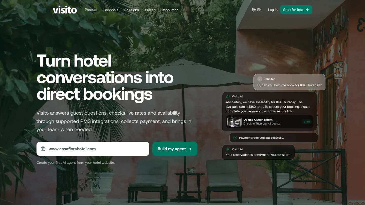 Visito hotel page showing an AI booking conversation with payment