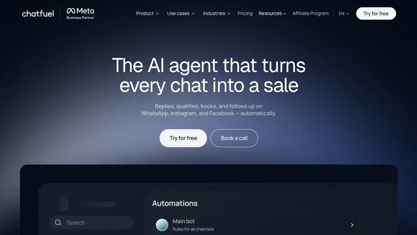 Página de inicio de Chatfuel con su agente de IA para WhatsApp, Instagram y Facebook