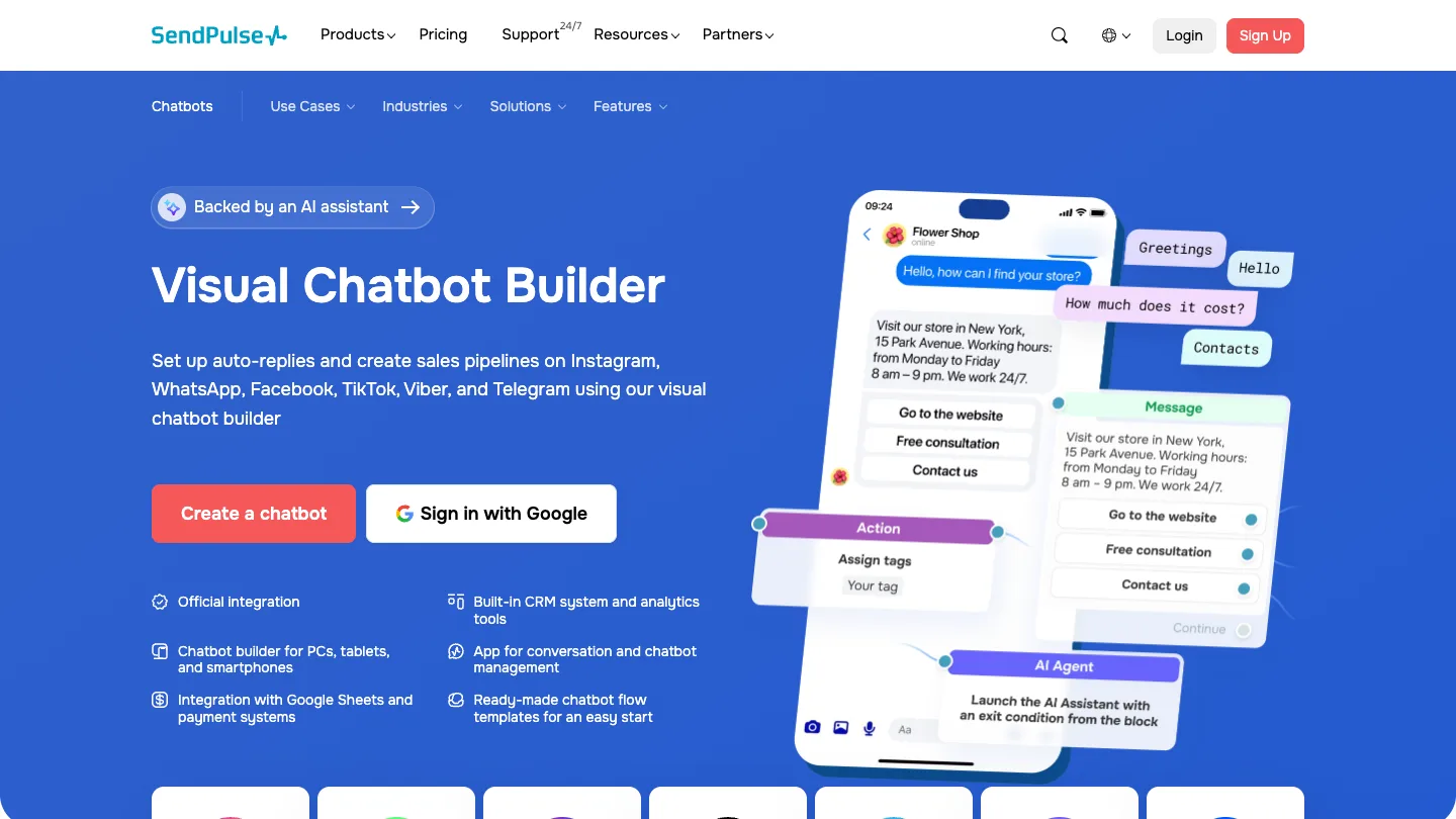 Página del constructor de chatbots de SendPulse para Instagram, WhatsApp, Facebook, TikTok, Viber y Telegram