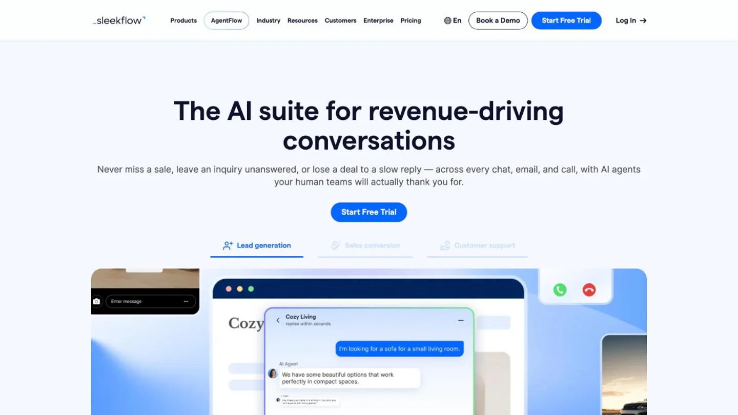 Página de inicio de SleekFlow con su suite de IA para conversaciones de venta