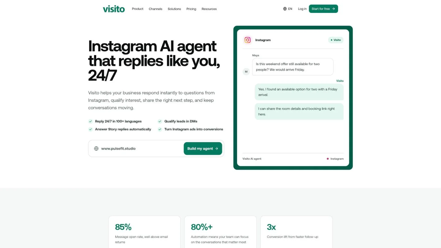 Página de Instagram de Visito con un agente de IA respondiendo una pregunta de disponibilidad para el fin de semana