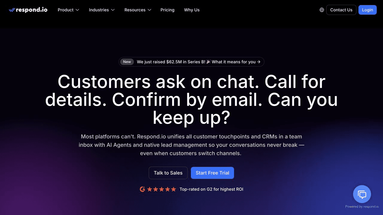 Página principal de respond.io con su plataforma de conversaciones con IA