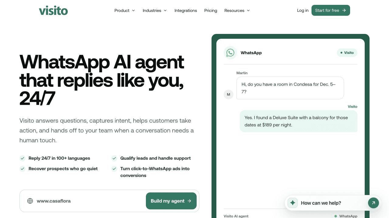 Página del agente de IA para WhatsApp de Visito con automatización de conversaciones