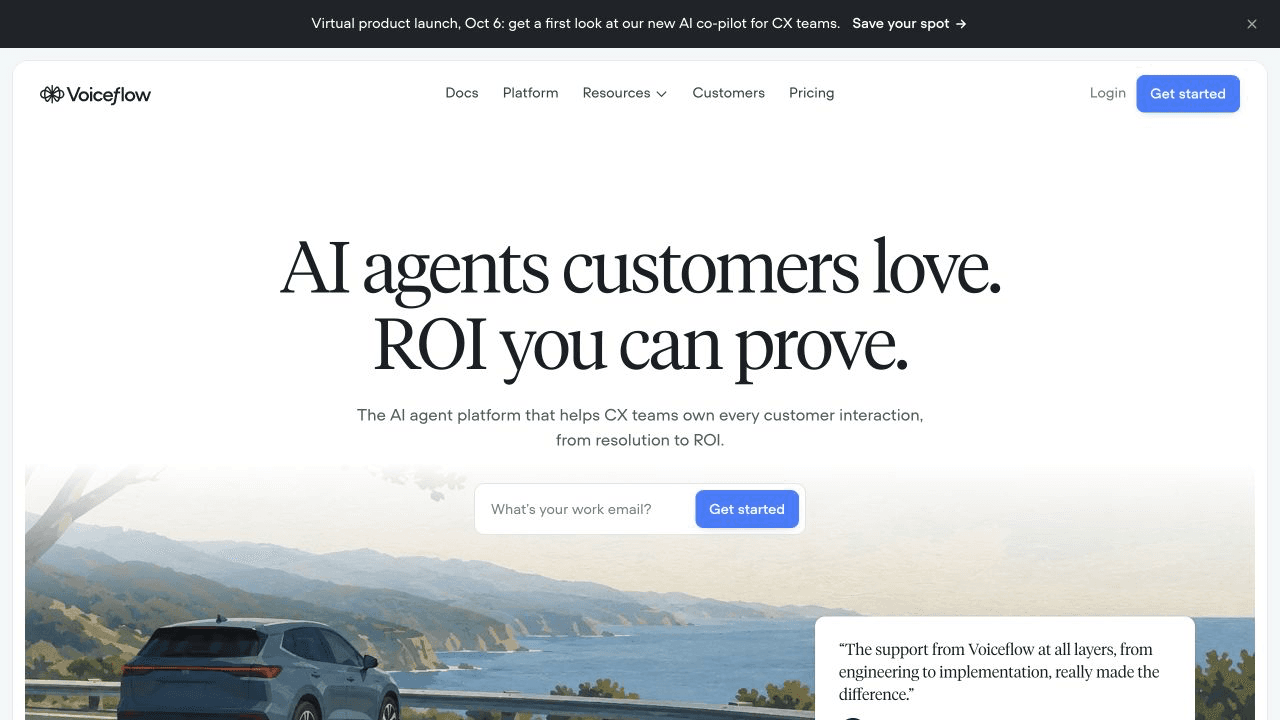 Página principal de Voiceflow con su plataforma de agentes de IA