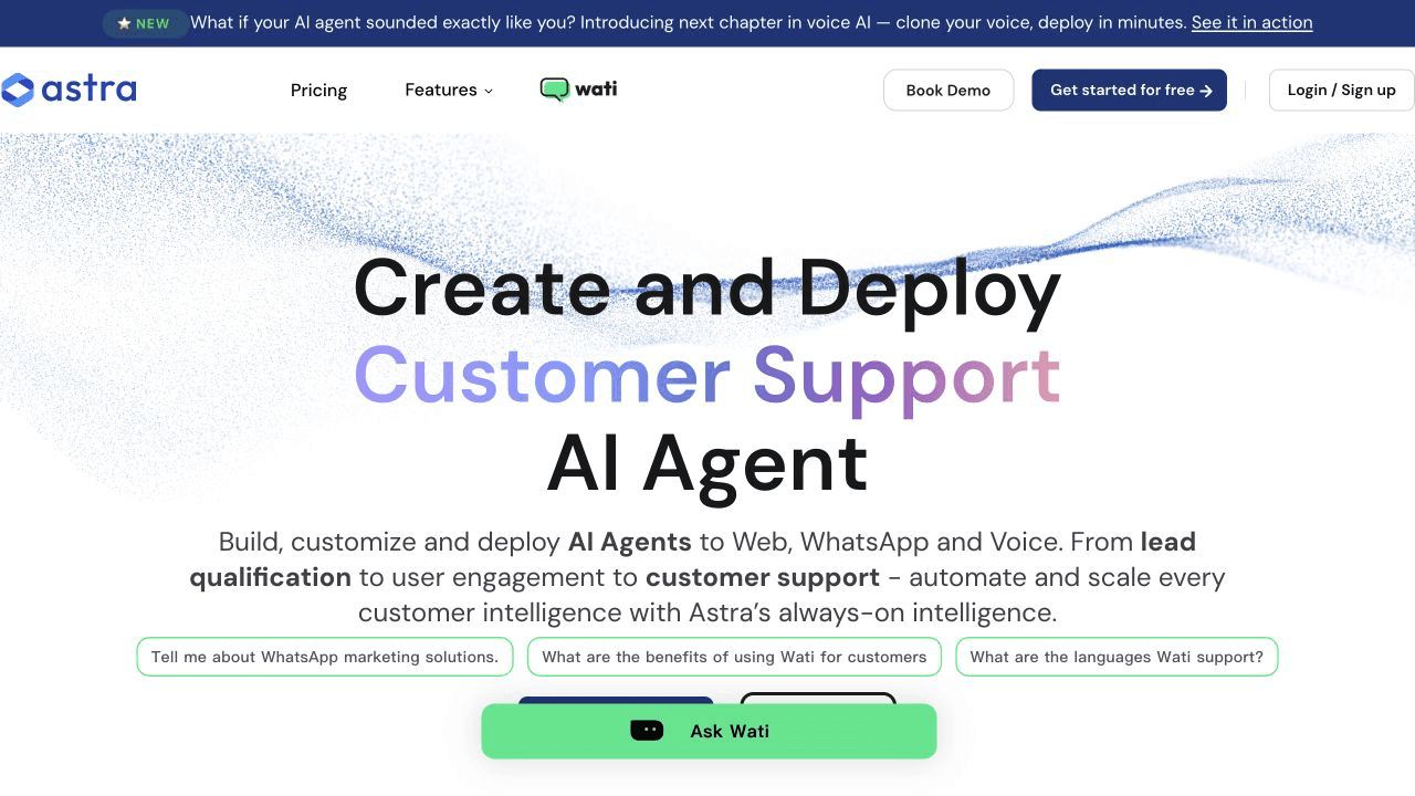 Página de Wati Astra con agentes de IA para WhatsApp y web