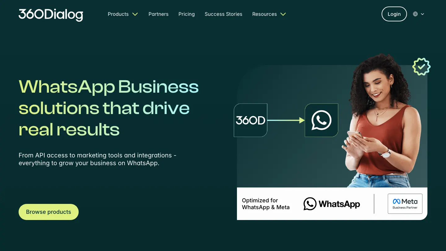 Página de inicio de 360dialog con sus soluciones para WhatsApp Business