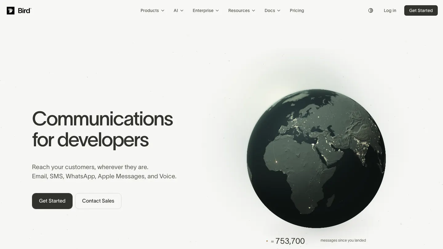 Página de inicio de Bird con comunicaciones para desarrolladores