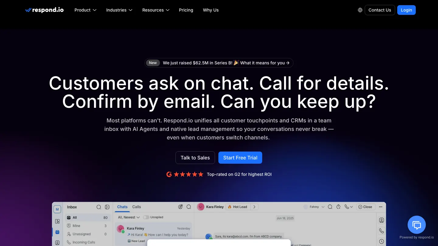 Página de inicio de respond.io con su bandeja de equipo y agentes de IA