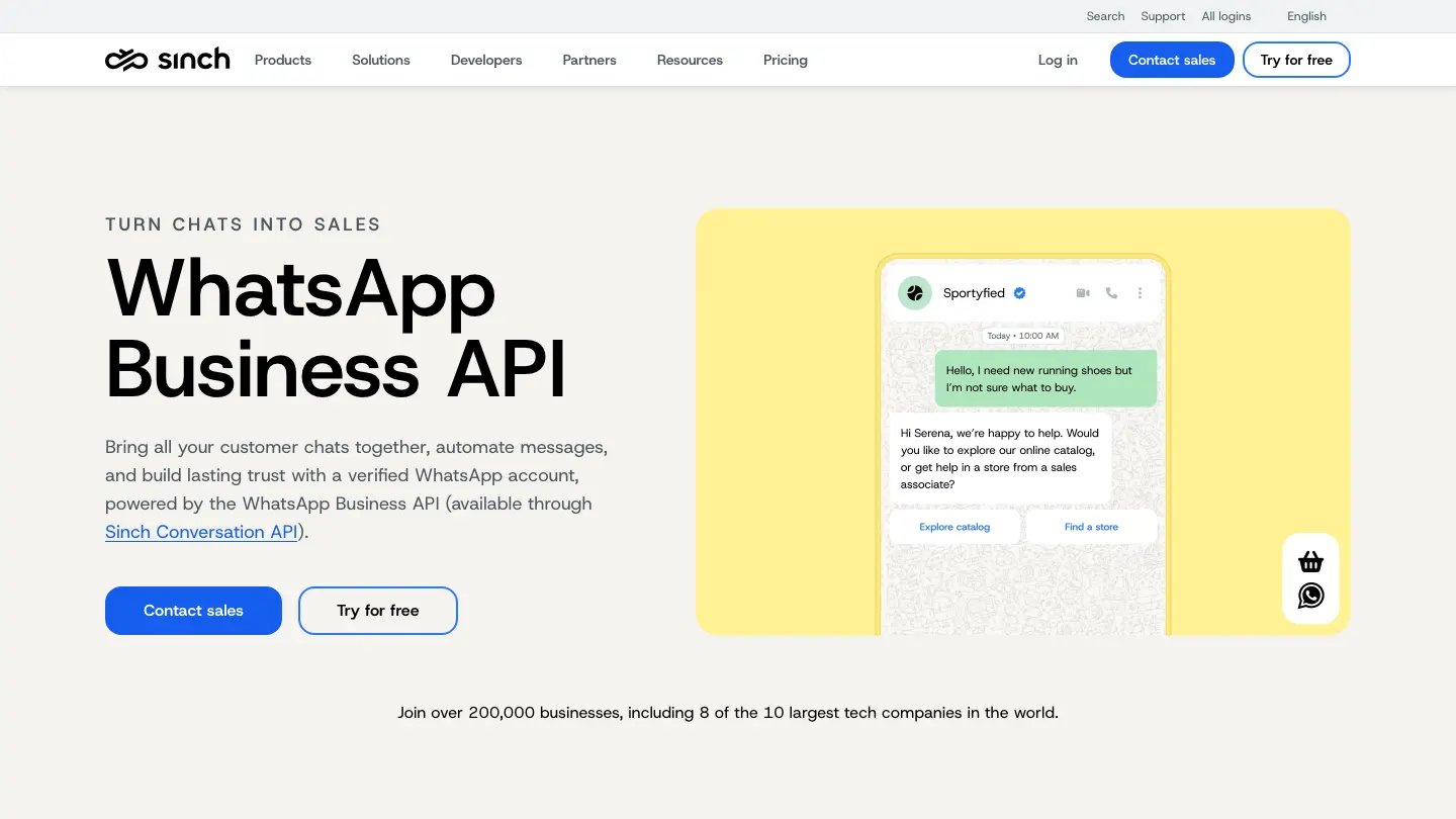 Página de la API de WhatsApp Business de Sinch
