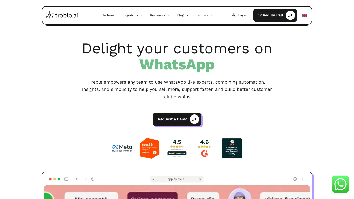 Página de inicio de Treble que invita a encantar a los clientes por WhatsApp