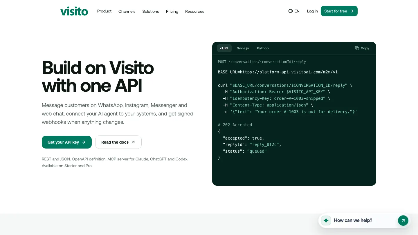 Página de la API de Visito con un ejemplo de código que envía una respuesta por WhatsApp