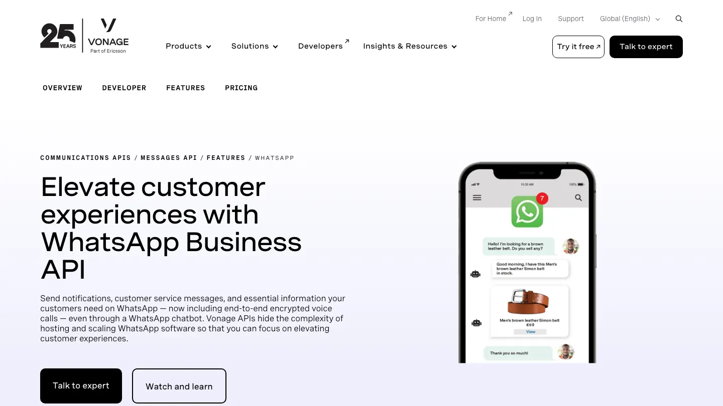 Página de la API de WhatsApp Business de Vonage