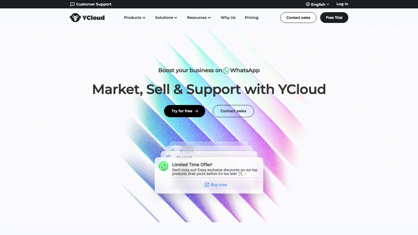 Página de inicio de YCloud con sus herramientas de marketing, ventas y atención en WhatsApp