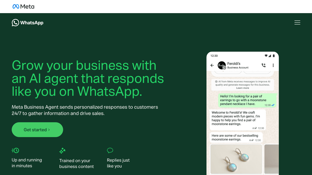 Meta Business Agent product page showing an AI-assisted WhatsApp sales conversation