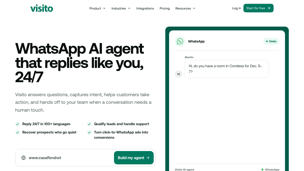 Página del agente de IA para WhatsApp de Visito con una conversación sobre disponibilidad de hotel en vivo