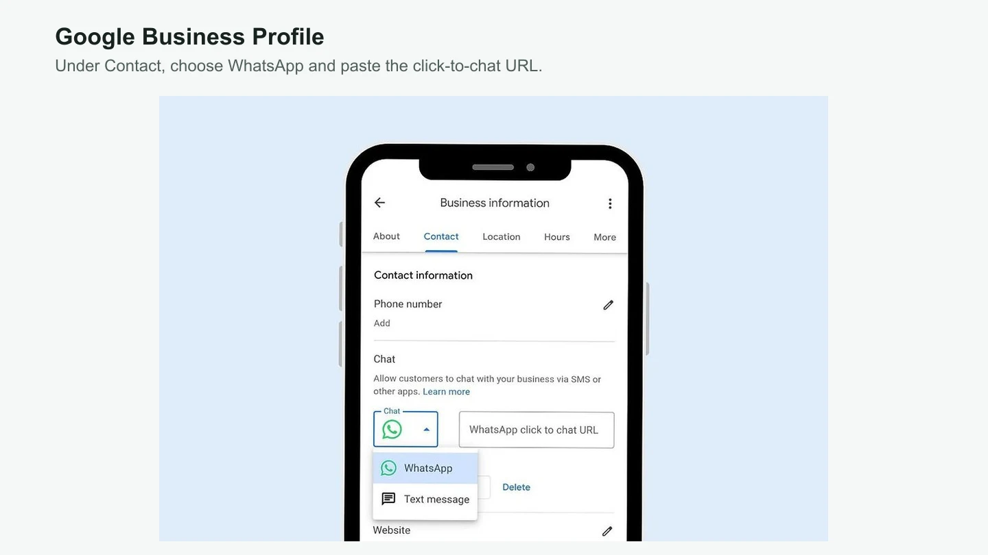 Google Business Profile Contact settings with WhatsApp selected in the Chat menu